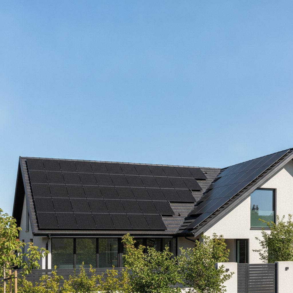Modern solar panels on a residential roof under clear blue sky